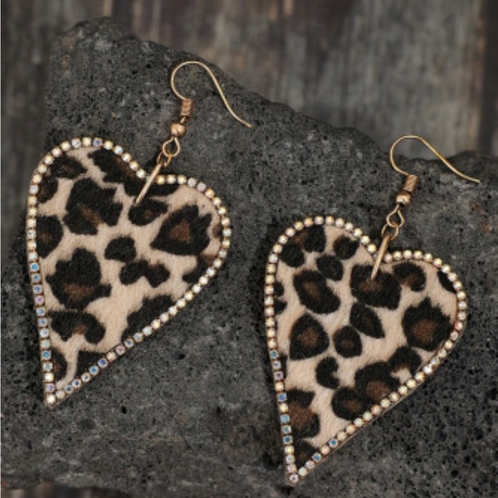 Faux Leopard Print Rhinestone Crystal  Trim Heart Earrings